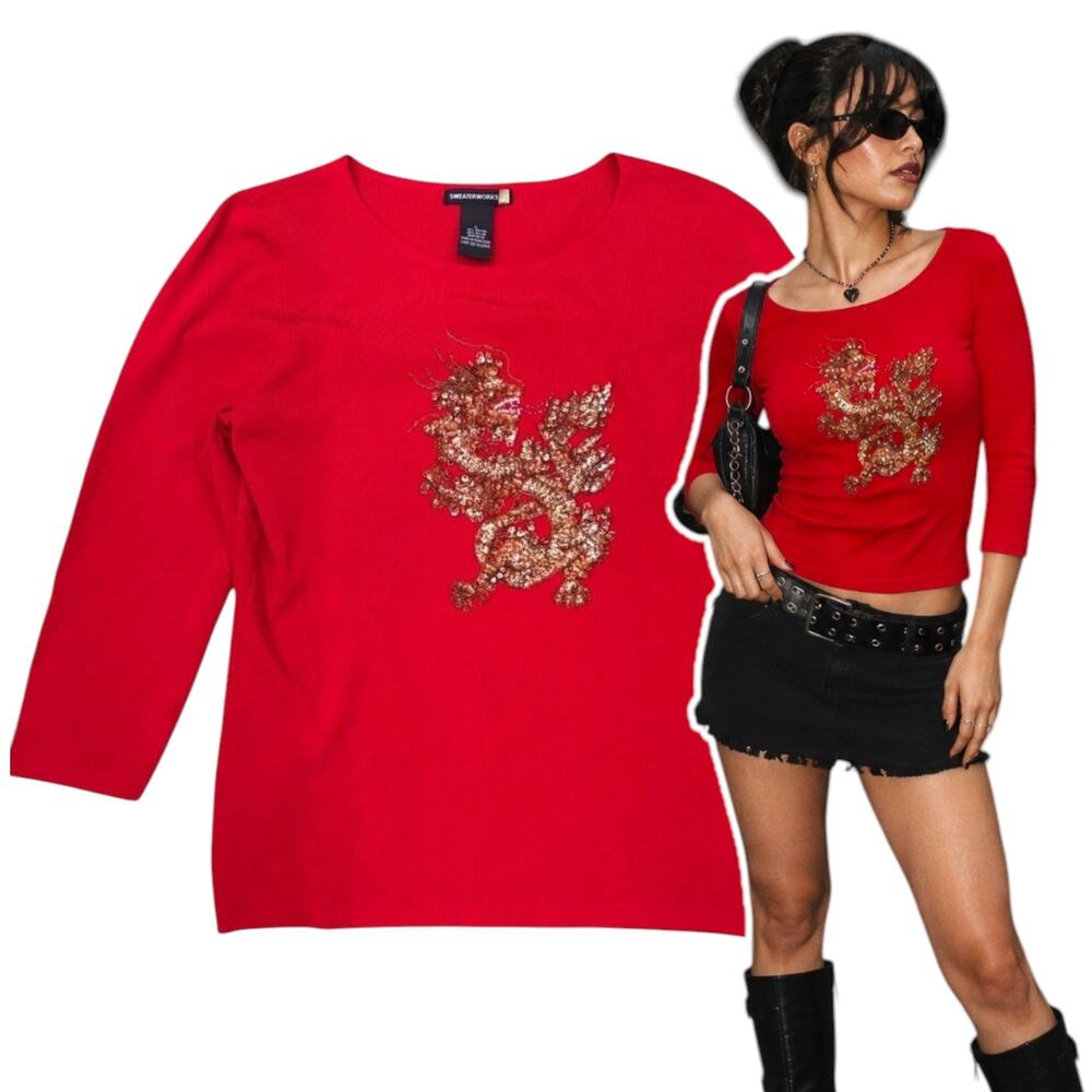 Y2K Sweaterworks Sequin Beaded Dragon Red Knit Top Size Large Sequin Stretch